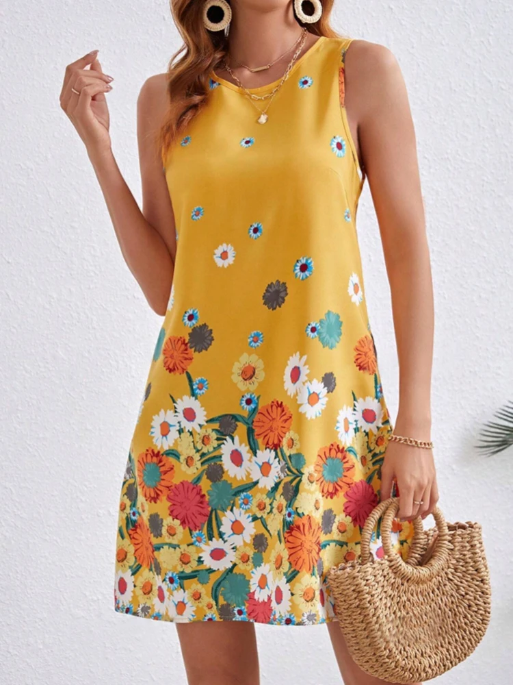 Fashion temperament women's positioning floral print sleeveless round-neck dress, summer women's back keyhole button dress