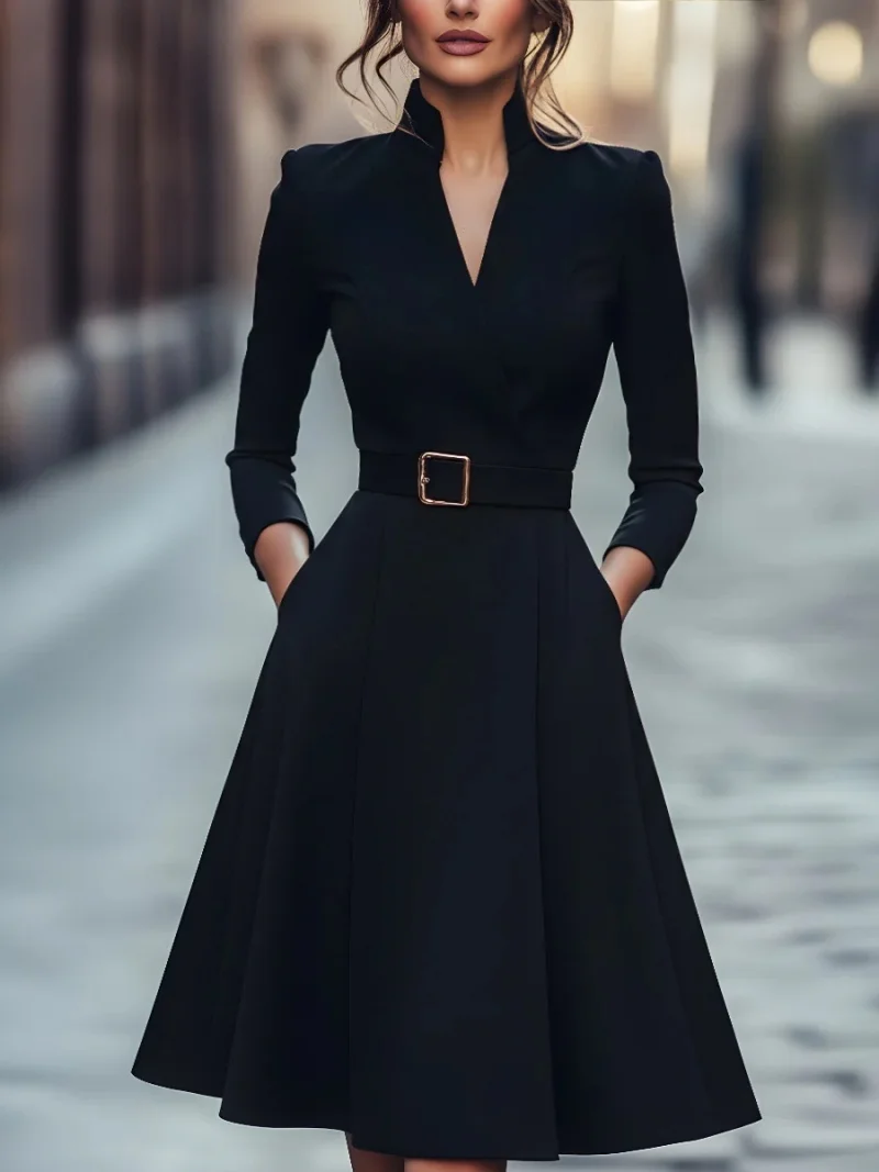 Women's Autumn Winter V-Neck Long Sleeve A-Line Skirt Slimming Waist Belted Medium-Length Commuter Fashion