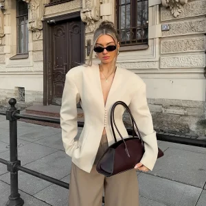 Lady Solid Waist Cinching BlazerS Fashion Long Sleeve Lapel V-neck Single Breasted Slim Jacket Coat Women 2026 Spring New Blazer