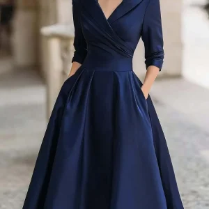 Fashionable commuting lapel cross pleated waist A-shaped dress for women