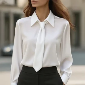 Women's Elegant Dressy Satin Work Shirt Plain Modern Casual Long Sleeve Shirt Collar Regular Tops