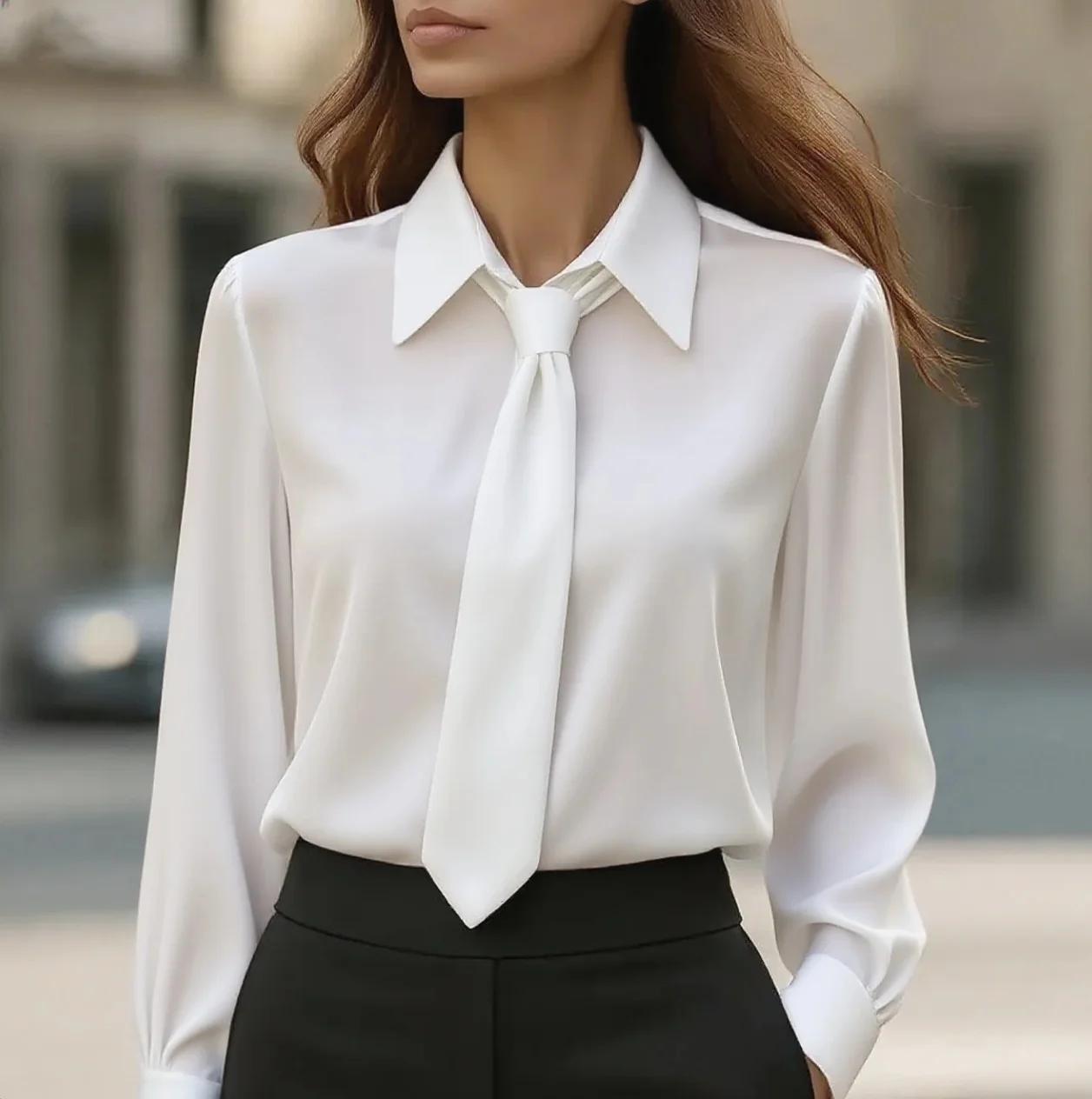 Women's Elegant Dressy Satin Work Shirt Plain Modern Casual Long Sleeve Shirt Collar Regular Tops