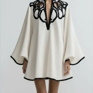 2026 New Hollowed V-neck Mini Dress for Women Flared Sleeves Pleated Dress Spring Stylish Contrast Trims Elegant Party Dress