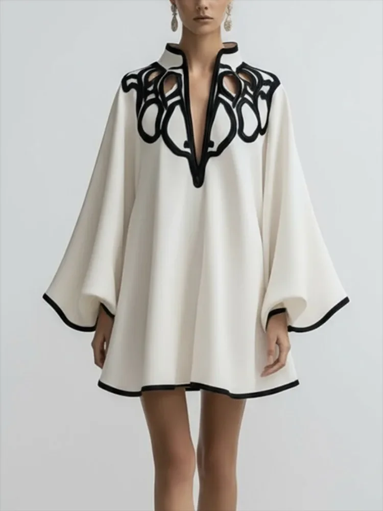 2026 New Hollowed V-neck Mini Dress for Women Flared Sleeves Pleated Dress Spring Stylish Contrast Trims Elegant Party Dress