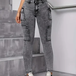 Women's black and gray side pockets fashionable simple elastic slim casual nine-point small foot jeans