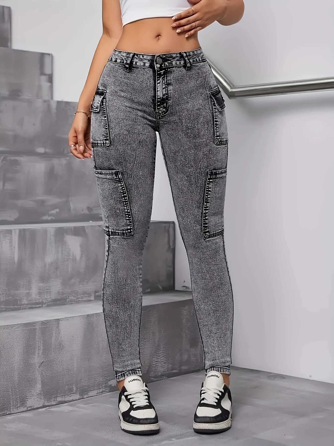 Women's black and gray side pockets fashionable simple elastic slim casual nine-point small foot jeans