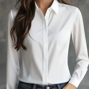 Autumn solid colour long-sleeved versatile shirt lapel satin shirt women